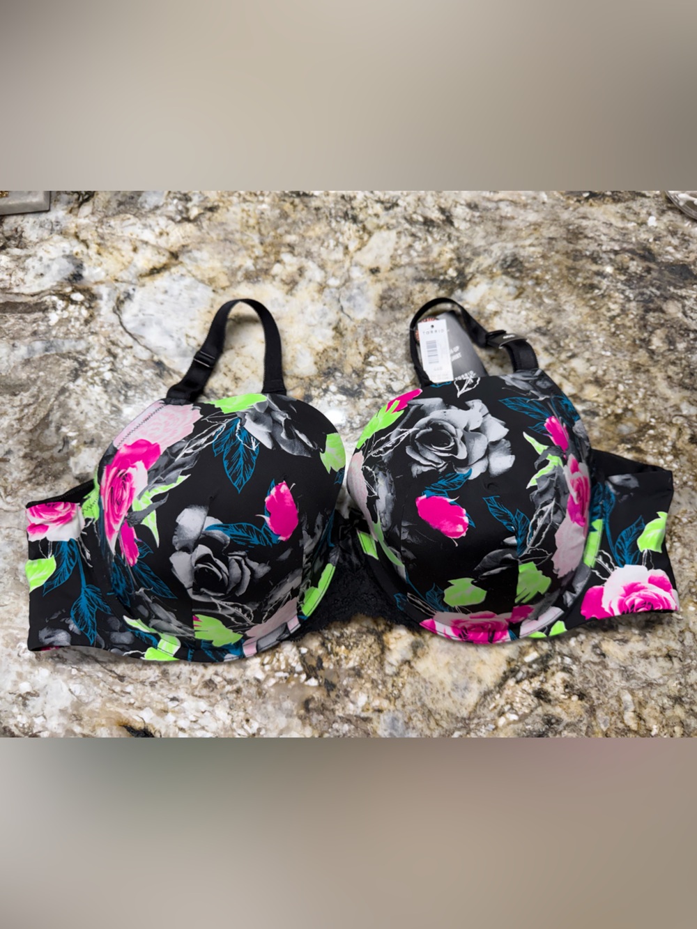 torrid Black Floral Molded Bra with Pink & Neon Green Accents
